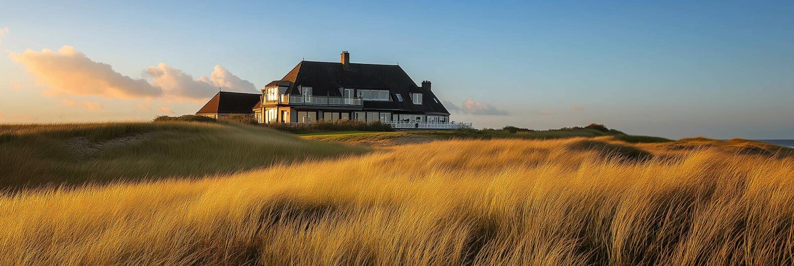 Ein großes Haus an der Küste von Sylt. Im Vordergrund Gras auf einer Düne. Gutes Wetter, die Sonne geht unter, ist aber nicht zu sehen. Blauer Himmel und ein paar Wolken am Himmel.