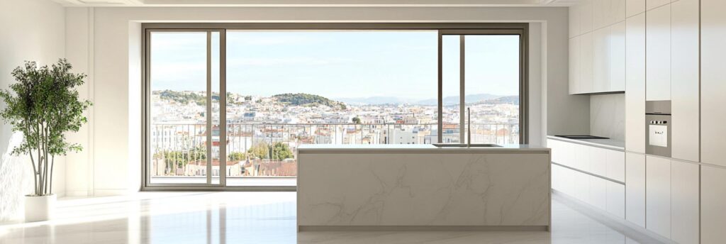 Ein leeres Apartment mit Blick auf eine spanische Stadt.